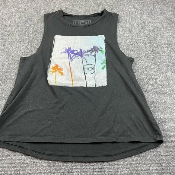 HE>i Women’s Sleeveless Tank Top Palm Tree Logo Top Black size: Large - Picture 1 of 6
